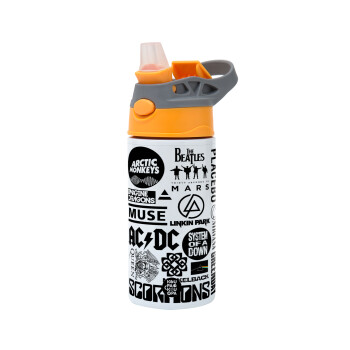 Best Rock Bands Collection, Children's hot water bottle, stainless steel, with safety straw, Orange/Grey (360ml) BPA-FREE