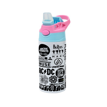 Best Rock Bands Collection, Children's hot water bottle, stainless steel, with safety straw, Pink/BlueCiel (360ml) BPA FREE