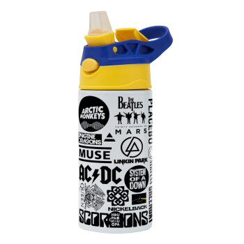 Best Rock Bands Collection, Children's hot water bottle, stainless steel, with safety straw, green, blue (360ml) BPA FREE