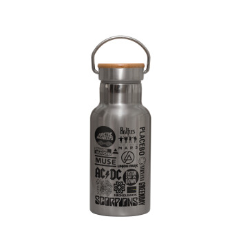 Best Rock Bands Collection, Stainless steel metallic thermos flask, silver with a bamboo lid, double-walled, 350ml.