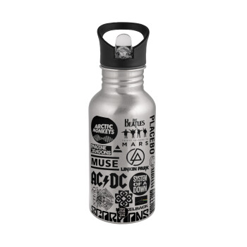 Best Rock Bands Collection, Water bottle Silver with straw, stainless steel 500ml