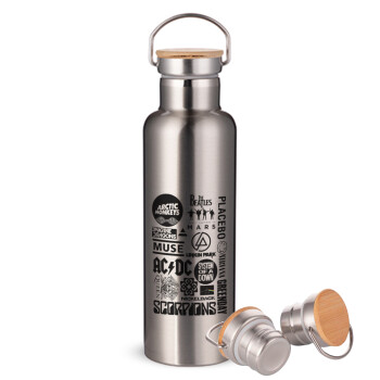 Best Rock Bands Collection, Stainless steel Silver with wooden lid (bamboo), double wall, 750ml