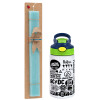 Easter Set, Children's thermal stainless steel bottle with safety straw, green/blue (350ml) & aromatic flat Easter candle (30cm) (TURQUOISE)