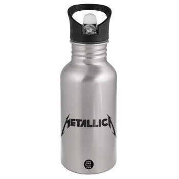 Metallica logo, Water bottle Silver with straw, stainless steel 500ml