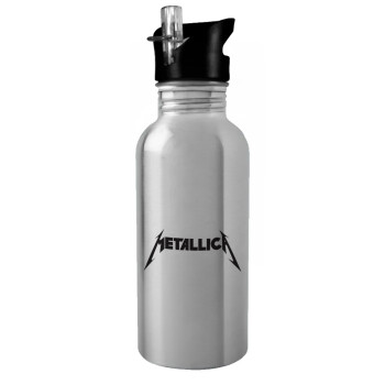 Metallica logo, Water bottle Silver with straw, stainless steel 600ml