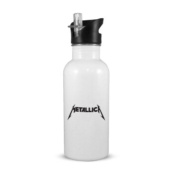 Metallica logo, Παγούρι νερού Λευκό με καλαμάκι, ανοξείδωτο ατσάλι 600ml
