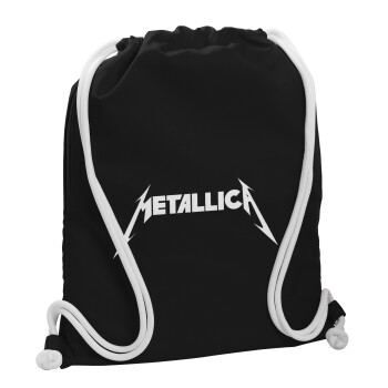 Metallica logo, Τσάντα πλάτης πουγκί GYMBAG Μαύρη, με τσέπη (40x48cm) & χονδρά λευκά κορδόνια