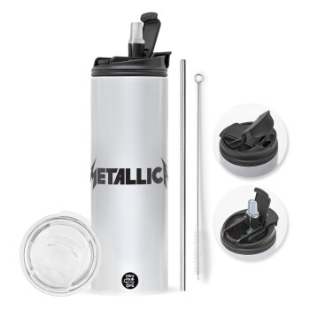 Metallica, Travel Tumbler 2 Lids, with metal straw & cleaning brush (Stainless steel 304 Food grade, BPA free, 600ml)