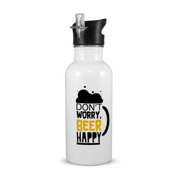 Don't worry BEER Happy, White water bottle with straw, stainless steel 600ml