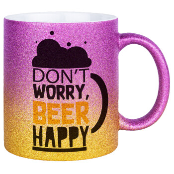 Don't worry BEER Happy, Κούπα Χρυσή/Ροζ Glitter, κεραμική, 330ml