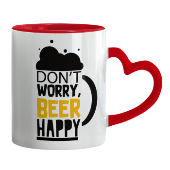 Don't worry BEER Happy, Κούπα καρδιά χερούλι κόκκινη, κεραμική, 330ml