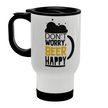 Don't worry BEER Happy, Κούπα ταξιδιού ανοξείδωτη με καπάκι, διπλού τοιχώματος (θερμό) λευκή 450ml