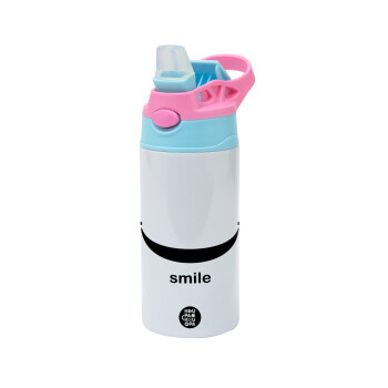 Smile!!!, Children's hot water bottle, stainless steel, with safety straw, Pink/BlueCiel (360ml) BPA FREE