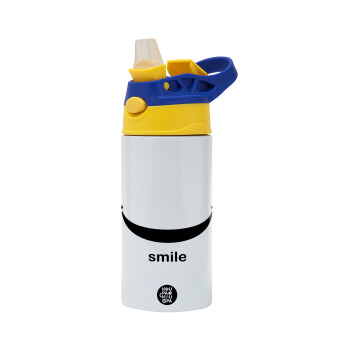 Smile!!!, Children's hot water bottle, stainless steel, with safety straw, green, blue (360ml) BPA FREE