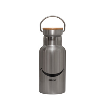 Smile!!!, Stainless steel metallic thermos flask, silver with a bamboo lid, double-walled, 350ml.