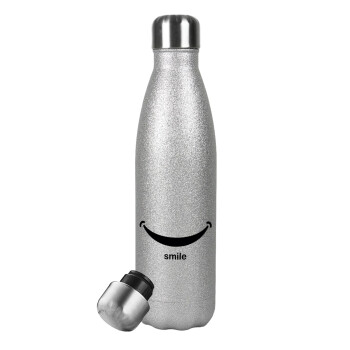 Smile!!!, Μεταλλικό παγούρι θερμός Glitter Aσημένιο (Stainless steel), διπλού τοιχώματος, 500ml