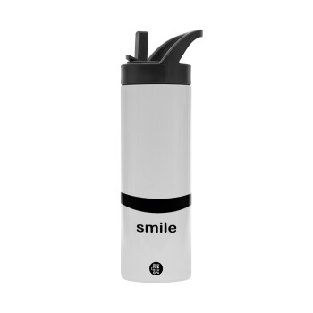 Smile!!!, Metallic thermos bottle with straw & handle, stainless steel (Stainless steel 304), double-walled, 600ml.