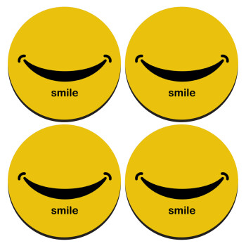 Smile!!!, SET of 4 round wooden coasters (9cm)