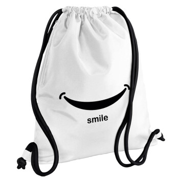 Smile!!!, Τσάντα πλάτης πουγκί GYMBAG λευκή, με τσέπη (40x48cm) & χονδρά κορδόνια