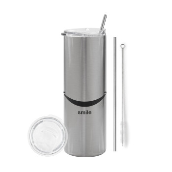 Smile!!!, Eco friendly stainless steel Silver tumbler 600ml, with metal straw & cleaning brush