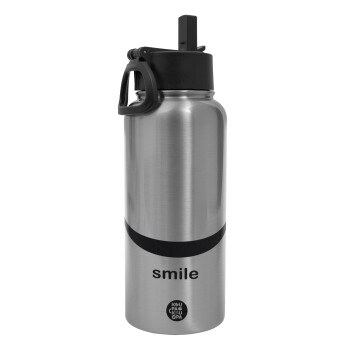 Smile!!!, Metal mug thermo Silver with Straw and Spout Lid (Stainless steel), double wall, 950ml