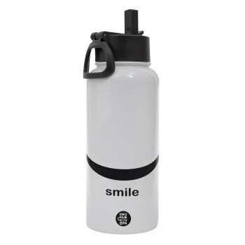 Smile!!!, Metal mug thermo White with Straw and Spout Lid (Stainless steel), double wall, 950ml