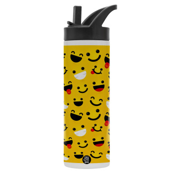 Smilies , Metallic thermos bottle with straw & handle, stainless steel (Stainless steel 304), double-walled, 600ml.