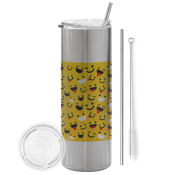Smilies , Eco friendly stainless steel Silver tumbler 600ml, with metal straw & cleaning brush