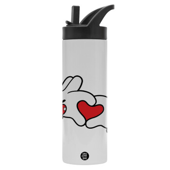 Love hands, Metallic thermos bottle with straw & handle, stainless steel (Stainless steel 304), double-walled, 600ml.