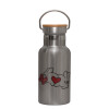 Stainless steel metallic thermos flask, silver with a bamboo lid, double-walled, 350ml.