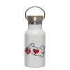 Metallic thermos (Stainless steel) White with wooden lid (bamboo), double-walled, 350ml