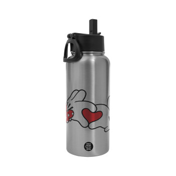 Love hands, Metal mug thermo Silver with Straw and Spout Lid (Stainless steel), double wall, 950ml