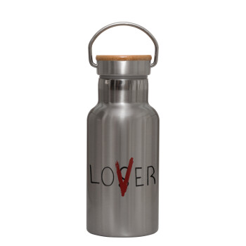 IT Lov(s)er, Stainless steel metallic thermos flask, silver with a bamboo lid, double-walled, 350ml.