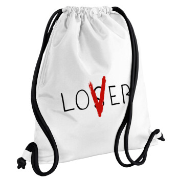 IT Lov(s)er, Τσάντα πλάτης πουγκί GYMBAG λευκή, με τσέπη (40x48cm) & χονδρά κορδόνια