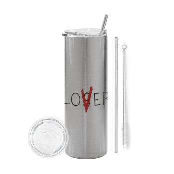 IT Lov(s)er, Eco friendly ποτήρι θερμό Ασημένιο (tumbler) από ανοξείδωτο ατσάλι 600ml, με μεταλλικό καλαμάκι & βούρτσα καθαρισμού