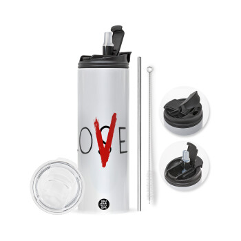 IT Lov(s)er, Travel Tumbler θερμό με διπλό καπάκι, μεταλλικό καλαμάκι και βούρτσα καθαρισμού (Ανωξείδωτο 304 Food grade, BPA free, 600ml)