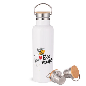 Bee mine!!!, Stainless steel White with wooden lid (bamboo), double wall, 750ml