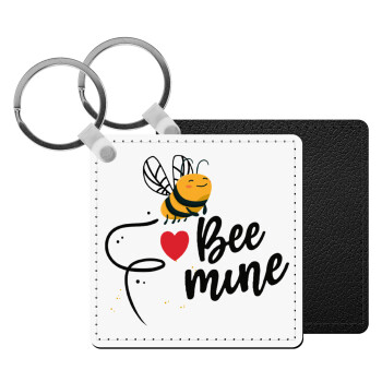 Bee mine!!!, Μπρελόκ Δερματίνη, τετράγωνο ΜΑΥΡΟ (5x5cm)