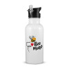 White water bottle with straw, stainless steel 600ml