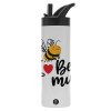 Metallic thermos bottle with straw & handle, stainless steel (Stainless steel 304), double-walled, 600ml.