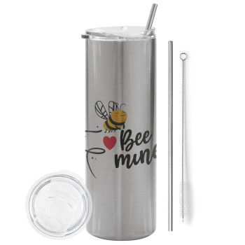 Bee mine!!!, Eco friendly ποτήρι θερμό Ασημένιο (tumbler) από ανοξείδωτο ατσάλι 600ml, με μεταλλικό καλαμάκι & βούρτσα καθαρισμού