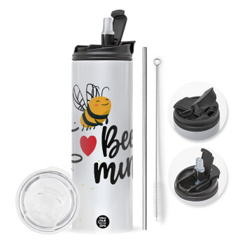 Bee mine!!!, Travel Tumbler θερμό με διπλό καπάκι, μεταλλικό καλαμάκι και βούρτσα καθαρισμού (Ανωξείδωτο 304 Food grade, BPA free, 600ml)