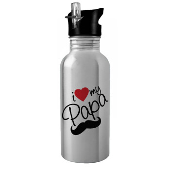 I Love my papa, Water bottle Silver with straw, stainless steel 600ml