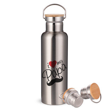I Love my papa, Stainless steel Silver with wooden lid (bamboo), double wall, 750ml