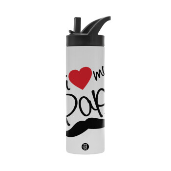 I Love my papa, Metallic thermos bottle with straw & handle, stainless steel (Stainless steel 304), double-walled, 600ml.