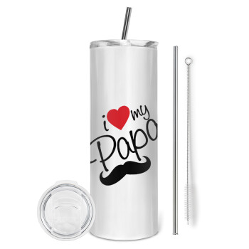 I Love my papa, Eco friendly ποτήρι θερμό (tumbler) από ανοξείδωτο ατσάλι 600ml, με μεταλλικό καλαμάκι & βούρτσα καθαρισμού