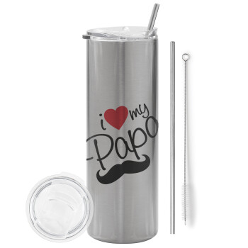 I Love my papa, Tumbler stainless steel Silver 600ml, with metal straw & cleaning brush