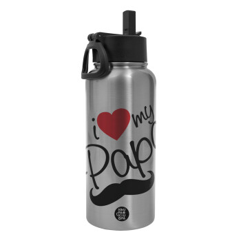 I Love my papa, Metal mug thermo Silver with Straw and Spout Lid (Stainless steel), double wall, 950ml