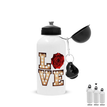 Love lights and roses, Metal water bottle, White, aluminum 500ml
