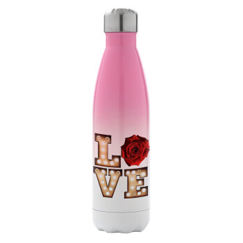 Love lights and roses, Metal mug thermos Pink/White (Stainless steel), double wall, 500ml